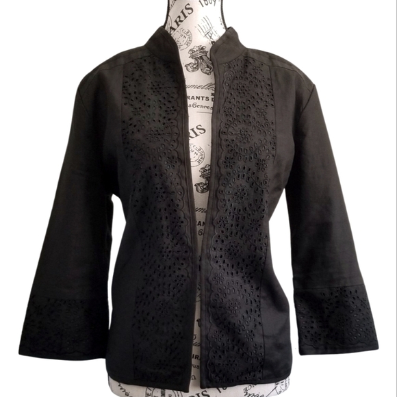 Anne Carson Jackets & Blazers - Anne Carson Black Linen Eyelets 3/4 Sleeves Jacket Mandarin Collar Size Large